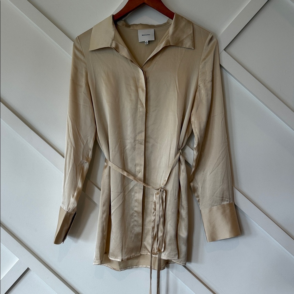 Reformation Silk Button-Up Blouse in Champagne - Picture 4 of 7